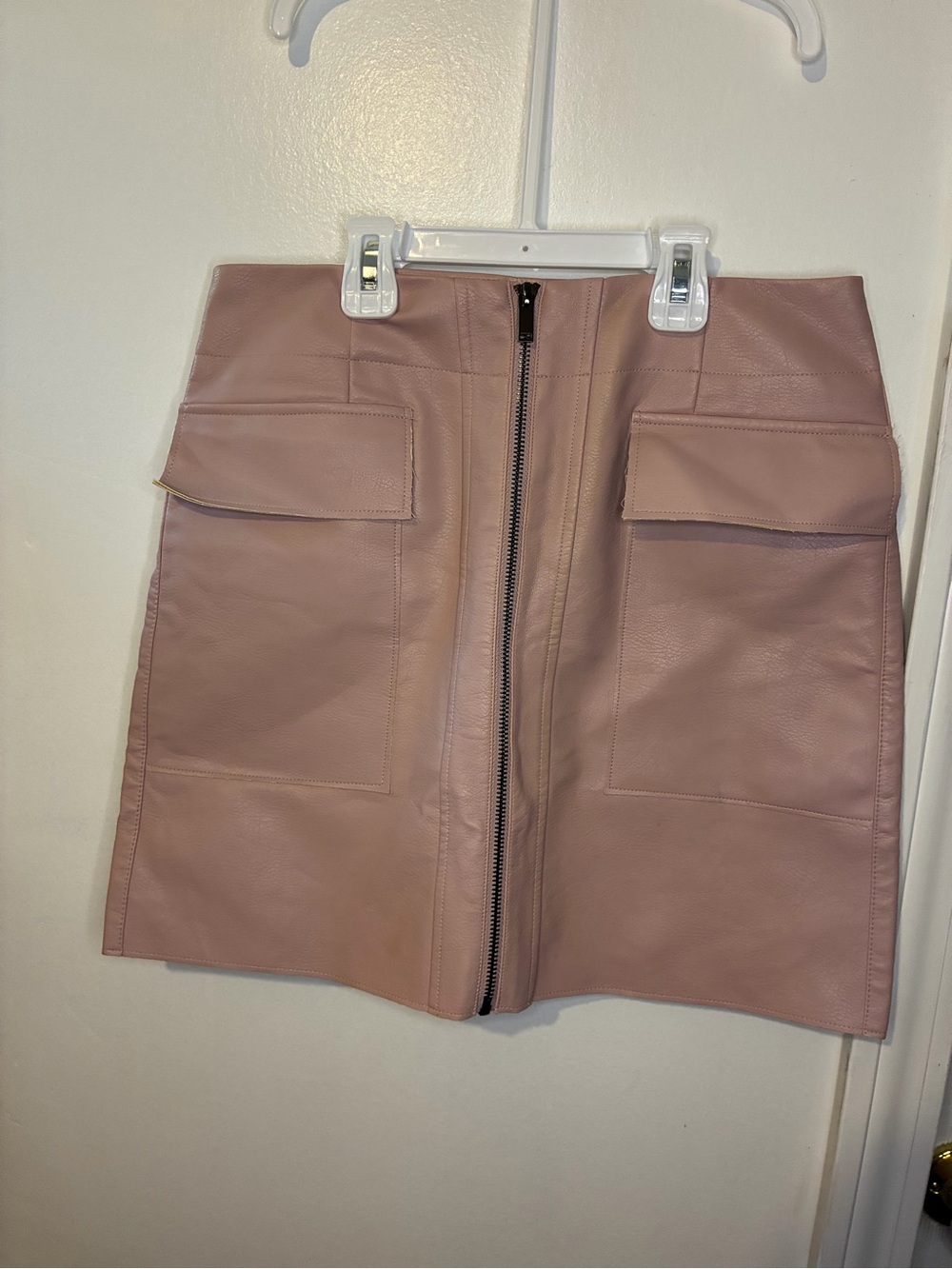 Faux Leather Midi Skirt with Front Zip in Blush Pink